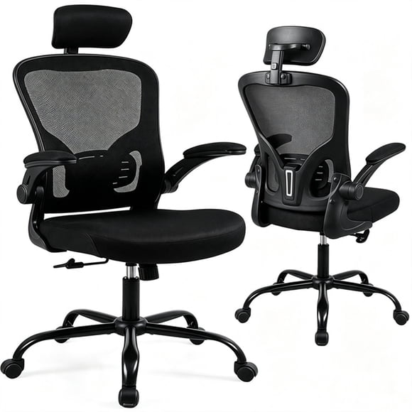 Ergonomic Office Chair with Adjustable Headrest, Lumar Back Support and Flip-up Padded Arms, 3.7" Thick Seat, 320lbs, High Back Mesh Computer Desk Chair