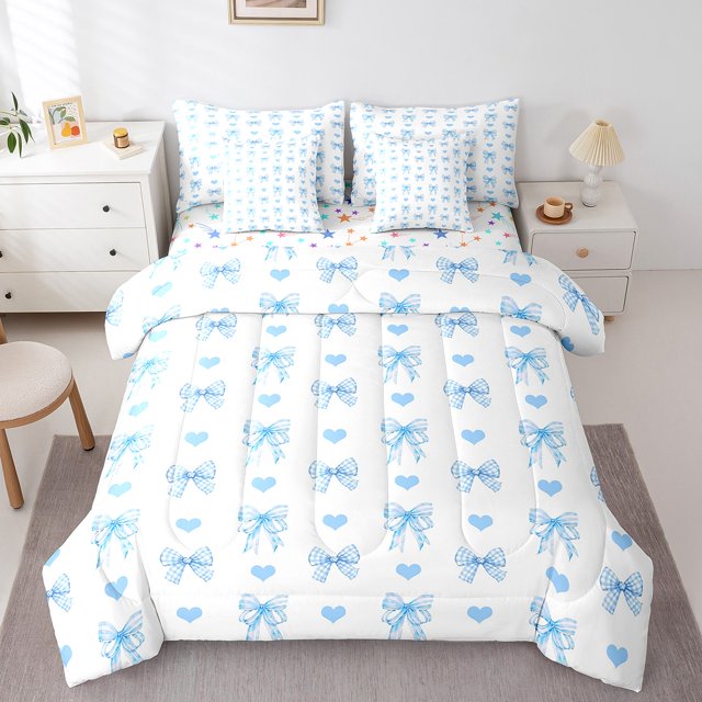 Erosebridal Ensemble de Literie Kawaii avec Nœud, Format Simple, Ensemble de Lit Nœud Papillon Dessin Animé, Ados, Réversible 7 Pcs