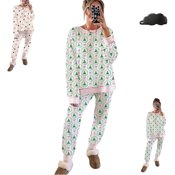 Holiday Themed Pajama Set for Women - Christmas Tree Print Lounge Wear 2-Piece