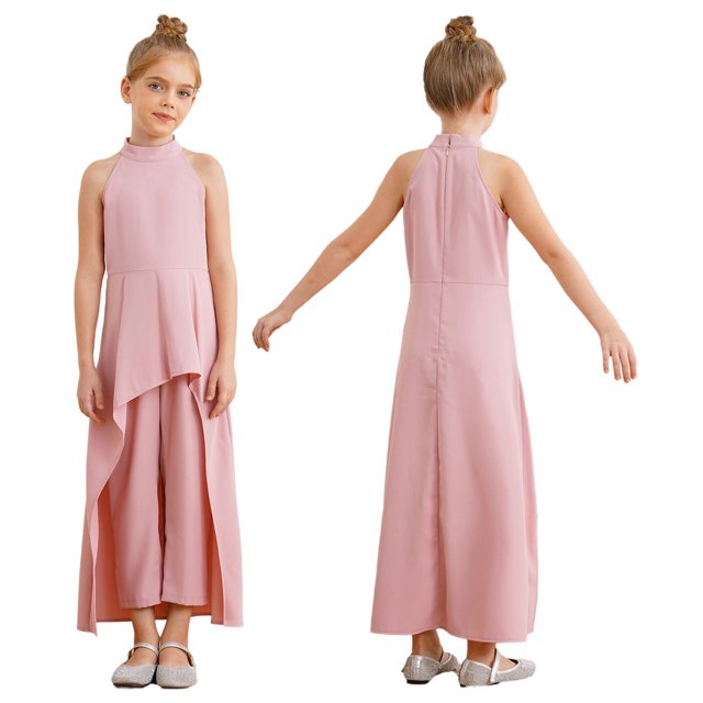 Mufeng Combinaison Short pour Fille Robe Décontractée Combinaison Sans Manches Pantalon Évasé Pattes d'Éléphant Jupe Asymétrique Rose 12
