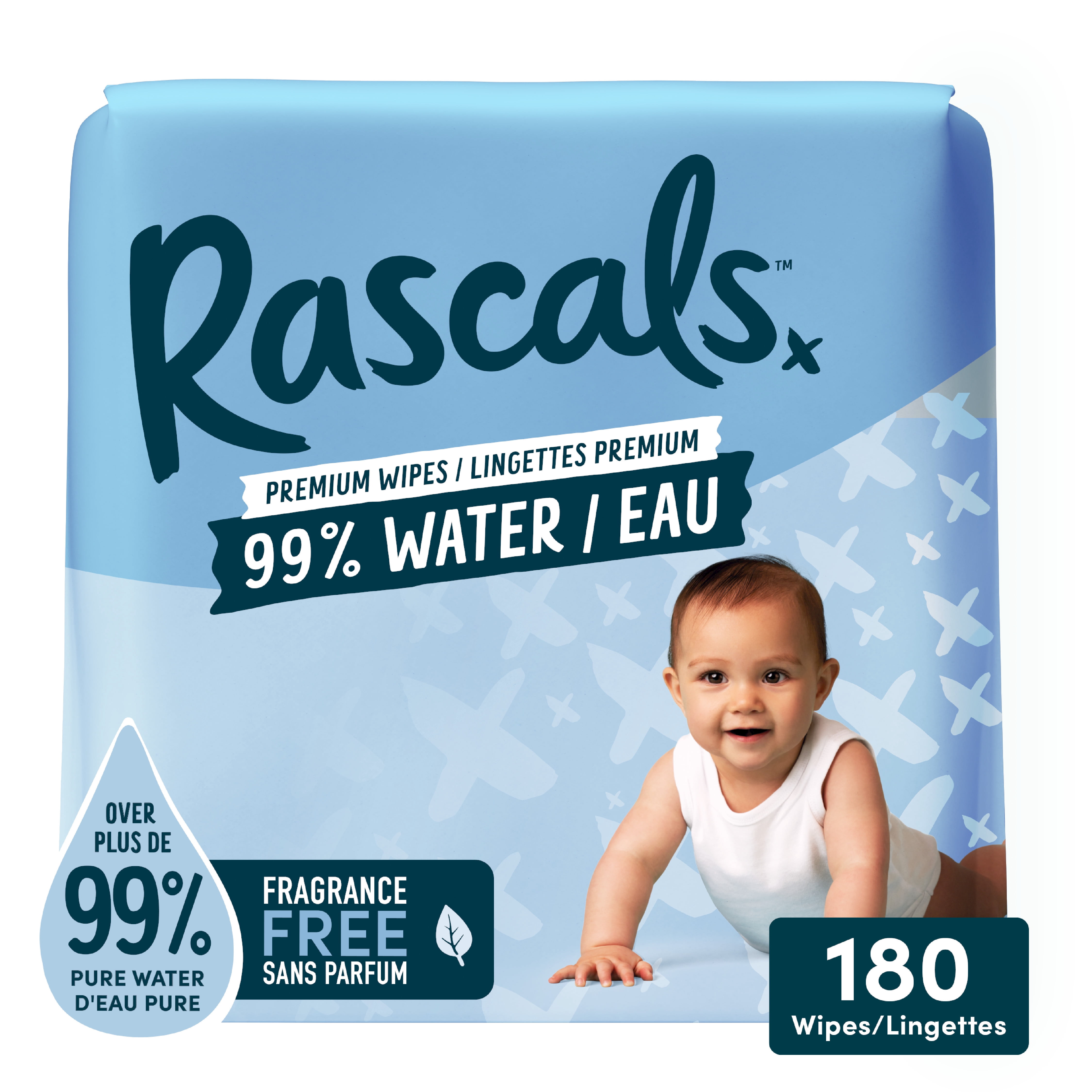 Lingettes pour bébé Rascals 99 % eau, 180 unités