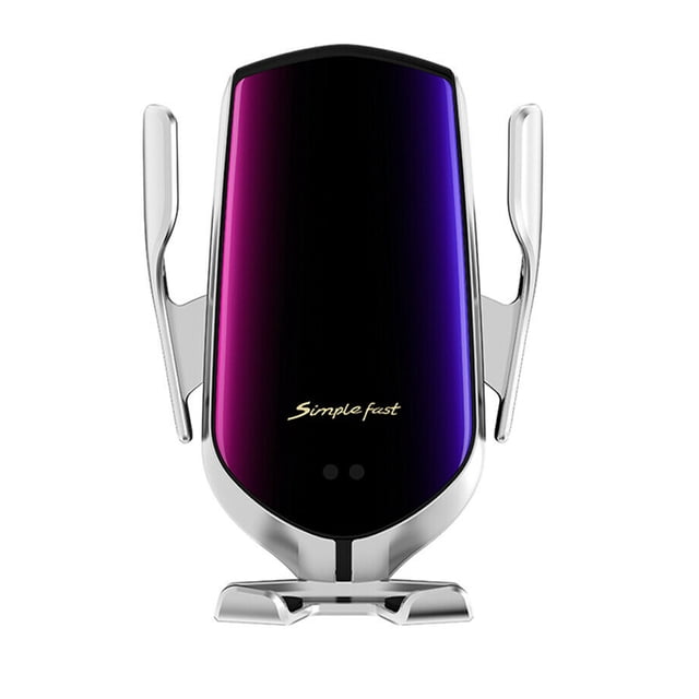 Fast Wireless Car Charger Automatic Infrared Induction Air Vent Car Phone Holder Auto Fast Charger Bracket with a metallic silver frame and gradient purple-black front panel. Features adjustable arms for secure phone placement, Type-C charging interface, and 360-degree rotation. Includes infrared auto-sensing for single-handed operation. Functions as a car mount and wireless charger, compatible with most smartphones. Supports output power options of 10W, 7.5W, and 5W.