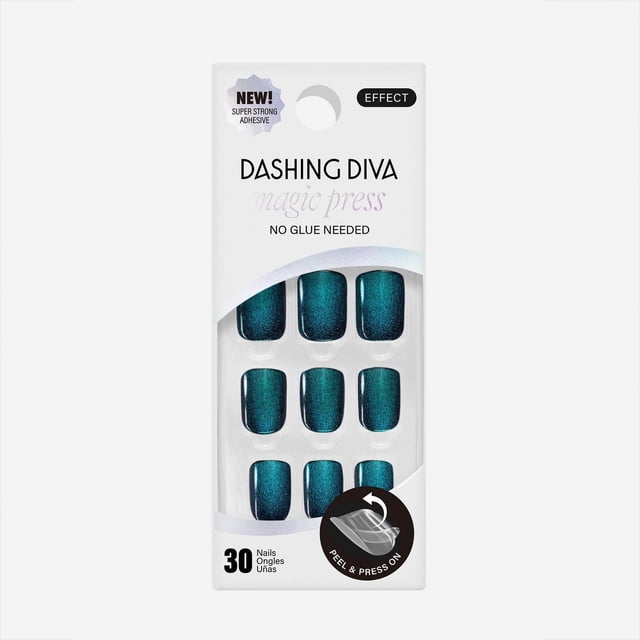 DD - MAGIC PRESS - EARTH TO DIVA iridescent blue-green press-on gel nails with medium length square shape and glossy finish, featuring super-strong pressure-sensitive adhesive for up to 10 days of waterproof, chip-proof wear, packaged with 30 nails and no glue needed.