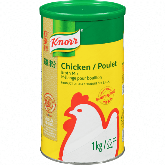 E-KNORR Mélange de Bouillon de Poulet 1 kg Boîte avec Couvercle Vert et Étiquette Jaune Présentant une illustration de Poulet Rouge et Blanc, Texte Bilingue Anglais et Français, Fait avec de la Viande de Poulet de Qualité, Convient aux Soupes, sauces, Légumes et Plats de Viande en Cuisine Chinoise et Est-Asiatique.