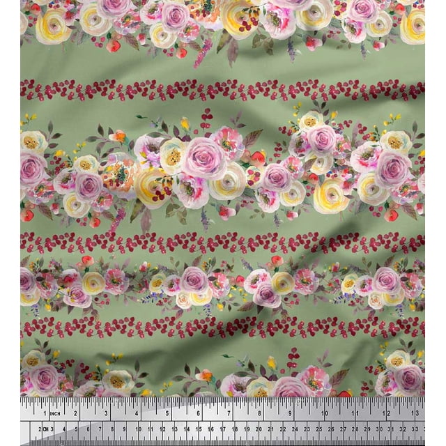 Soimoi Green Rayon Fabric Leaves & Pink Floral Print Sewing Fabric BTY 42 Inch Wide
