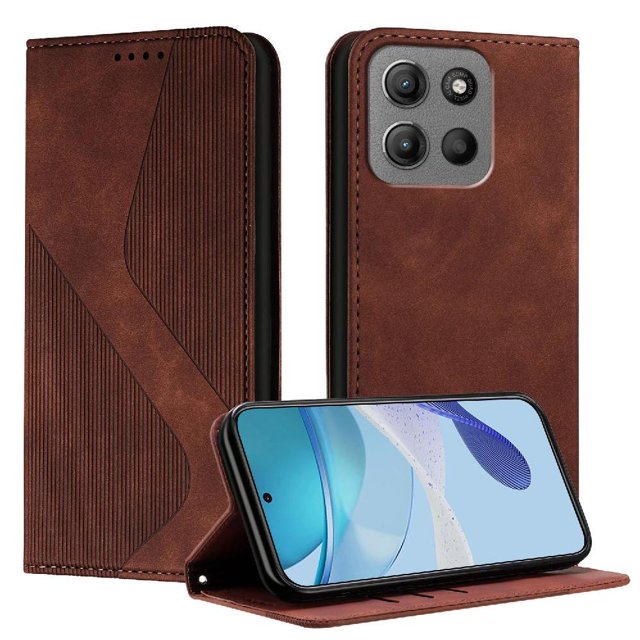 Étui pour Motorola MOTO G15 Power avec design folio en Cuir PU Brun et Motif Ondulé. l'Étui Portefeuille Comprend 3 Fentes pour Cartes, une Poche pour Argent et une Fermeture Magnétique Forte pour un Rangement Sécurisé. Il Comprend Aussi un Béquille Intégré pour une Vision Mains Libres. la Étui Intérieure Antichoc Offre une protection Complète pour le Téléphone.
