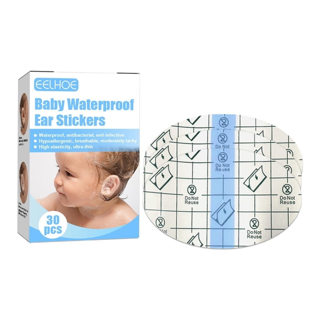 Set of 30 baby waterproof ear stickers for infants, made of breathable and waterproof PU membrane. These stickers protect newborns' ears from water during activities like bathing or swimming. The compact box includes clear instructions for application, showing the stickers' soft edges and easy-to-tear design. Measuring 6.7x4.3cm, they are hypoallergenic and comfortable for babies. While primarily for infant ear protection, their waterproof design may also suit niche uses in automotive or exterior applications requiring small, protective adhesive covers.