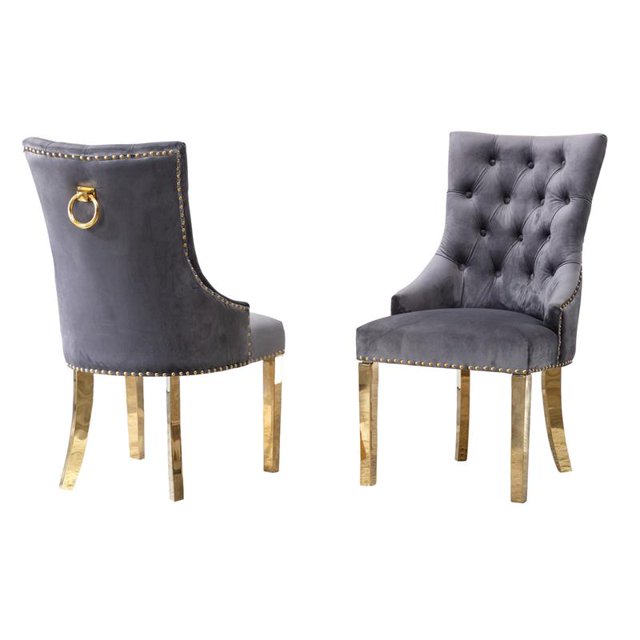 Double Tufted Gray Velvet Side Chairs with Gold Stainless Steel Legs