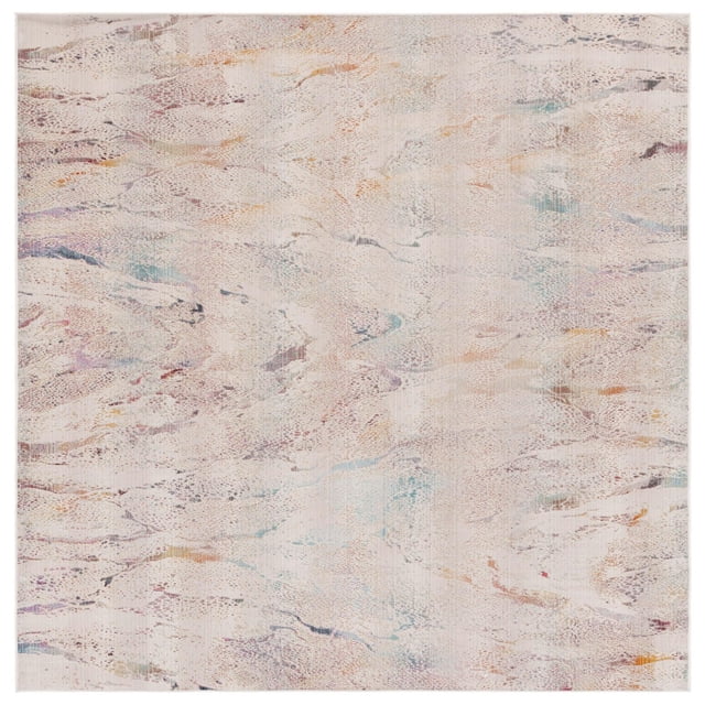 SAFAVIEH Rainbow Valentina Abstract Indoor/Outdoor Area Rug with a square shape and muted pastel abstract pattern in beige, light blue, lavender, and peach. Crafted from durable, fade- and water-resistant polypropylene, suitable for patios, balconies, or living rooms.