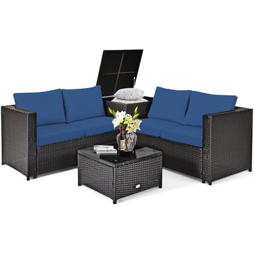 Patiojoy Ensemble de Canapé Sectionnel d'Extérieur en Rotin 4 Pcs pour Causeuse et Conversation avec Coffre de Rangement et Table à Café Bleu Marine