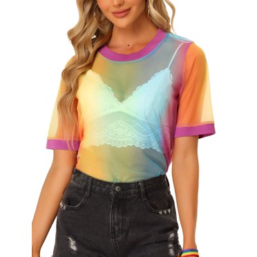 INSPIRE CHIC T-Shirt en Maille pour Femme, par-Dessus de Fête, Manches Courtes, Haut Transparent, TP, Rose Arc-en-Ciel