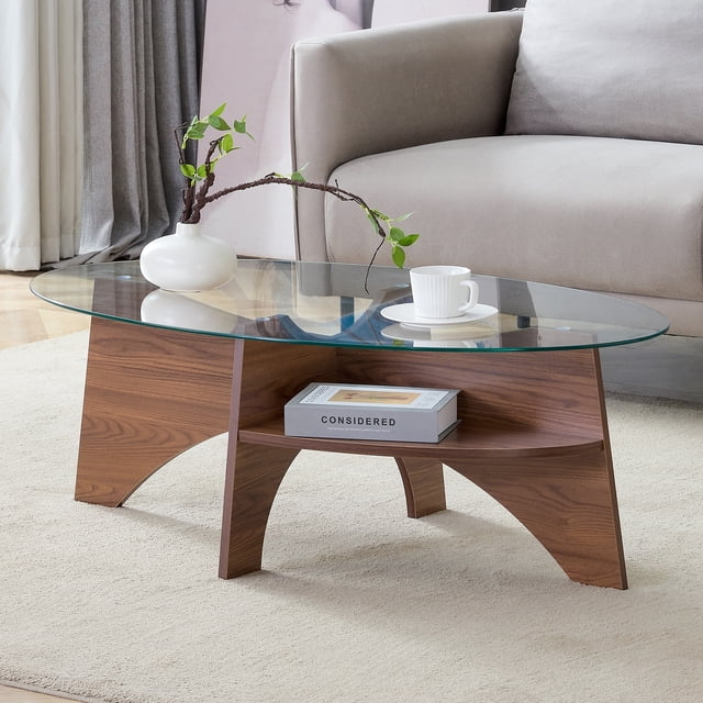 41.3" Oval Glass Coffee Table for Living Room,Mid Century Modern Center Table with Tempered Glass Top,Coffee Tables with Storage for Home,Office,Walnut
