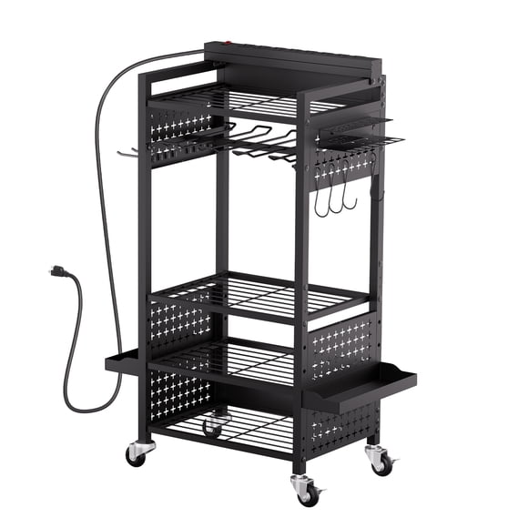 KFFKFF 5-tier Tool Organizer Cart with Charging Station, 8 AC Outlet, Floor Stand Rolling Drill Holder and Tool Battery Storage Rack