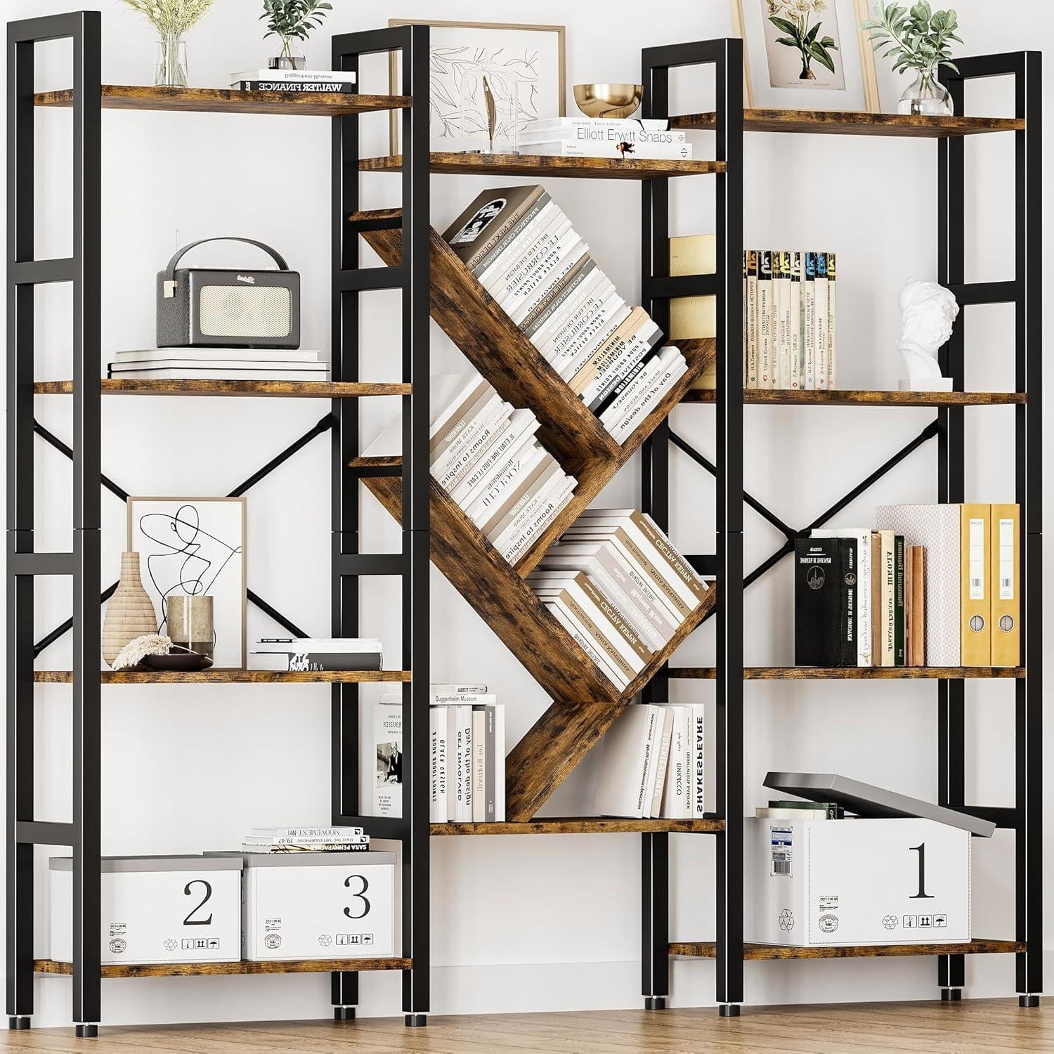 5 Tier Shelf Bookshelf, Display Book Shelf, Wide Bookcase, Rustic Wooden Shelving Unit, for Bedroom, Living Room, Office