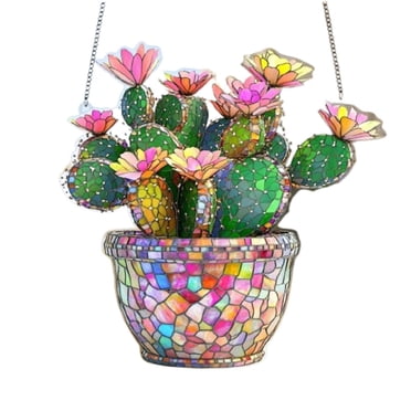 Cactus Flower Acrylic Hanging Decoration with Chain, 2D Flat Succulent Plant Pendant for Window, Garden or Room, Nature Inspired Home Decor Ornament