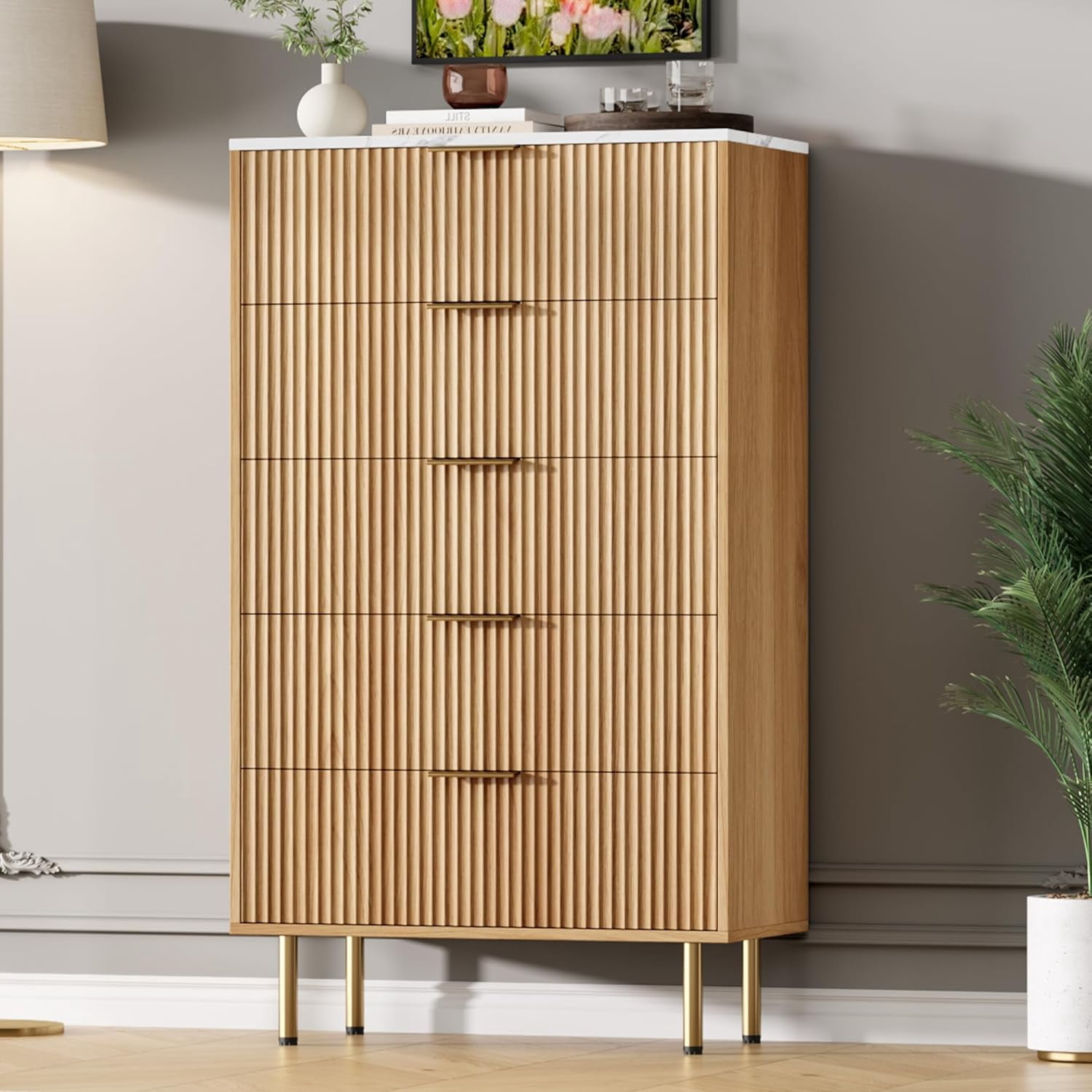 5 Drawers Dresser for Bedroom, Fluted Dresser Chest of Drawers with Handle, Wood Modern Dressers for Closet, Bedroom Furniture Storage Organizer for Living Room, Hallway
