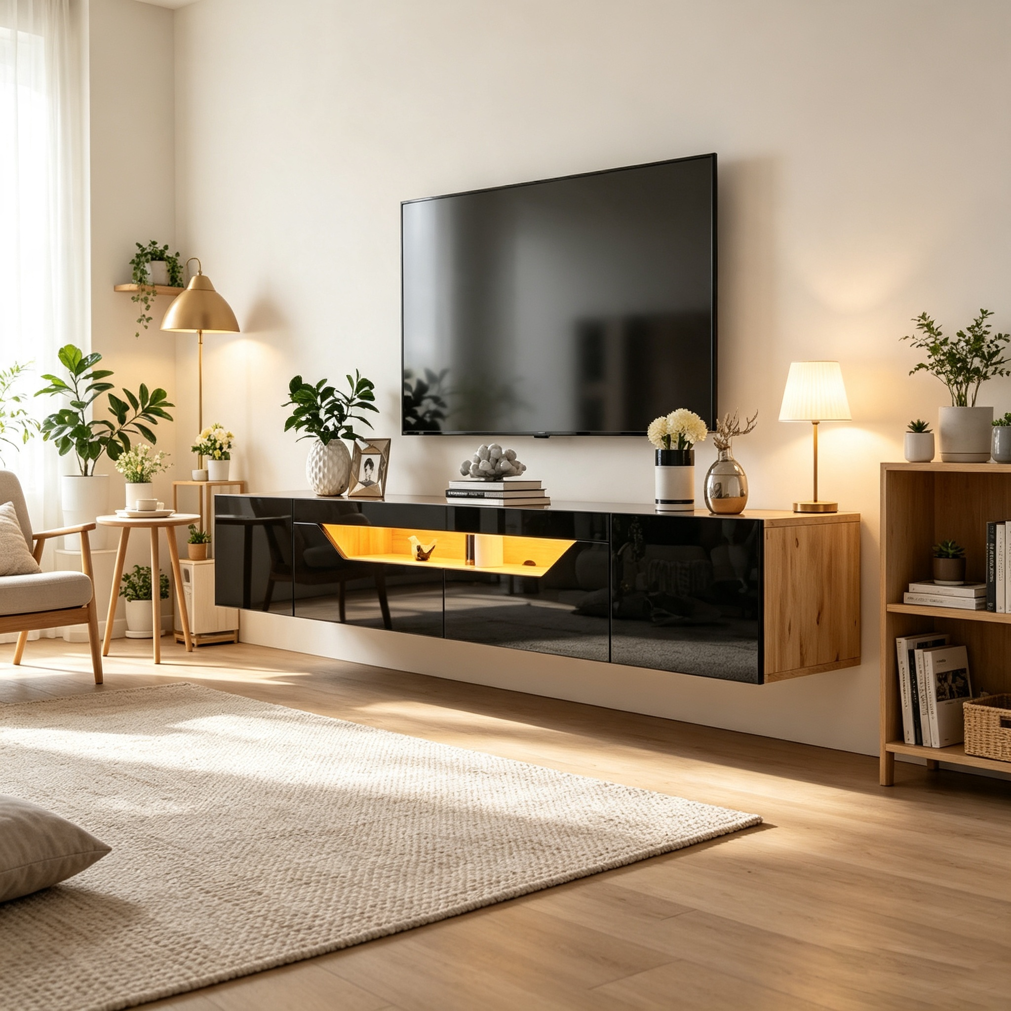 Homy Casa 64.9" Wall-Mounted TV Stand with LED Lights and 3 Storage Compartments, Black and Natural