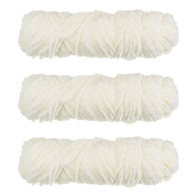 Unique Bargains Chenille Polyester Cream Yarn, 3 Skeins. The image shows three skeins of soft, fluffy cream-colored chenille yarn made of 100% polyester. Each skein weighs 100g (3.5oz) and measures 131 yards in length. Ideal for crafting projects like blankets, scarves, hats, and toys. The yarn has a velvet-like texture and is thick, warm, and comfortable.