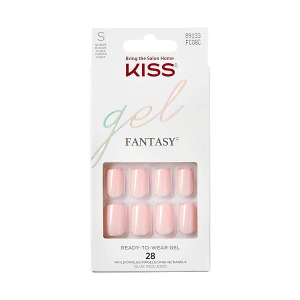 KISS Gel Fantasy - Fake Nails, 28 Count, Short, in white packaging with a clear window displaying light pink short gel nails, ready-to-wear with ultra-smooth finish and included glue, suitable for easy DIY gel manicures with a salon-quality look.