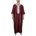 thumbnail image 1 of RXIRUCGD Men's Muslim Robe Arab Middle Robe Long Style Long Sleeve Embroidered Standing Neck Pocket Long Shirt Fashion Casual Robe, Wine, Size: S, 1 of 6