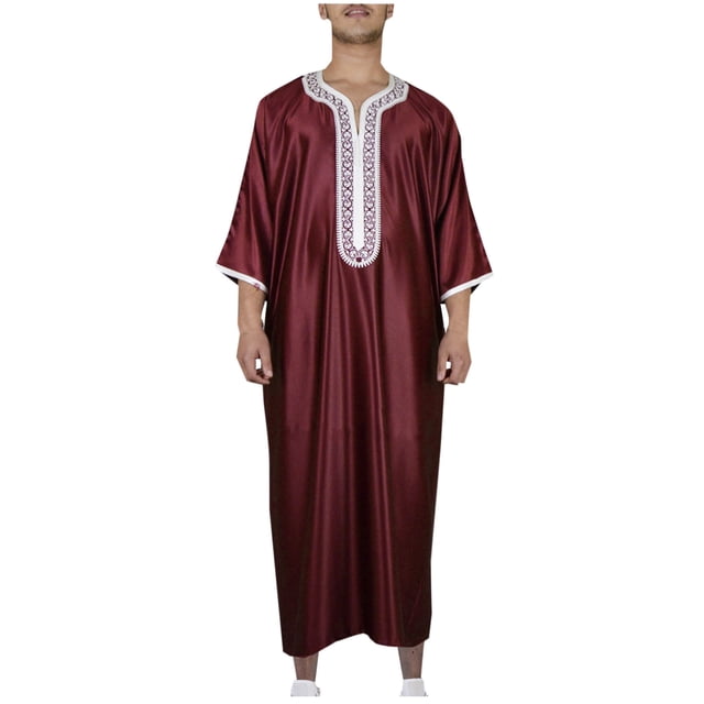RXIRUCGD Men's Muslim Robe Arab Middle Robe Long Style Long Sleeve Embroidered Standing Neck Pocket Long Shirt Fashion Casual Robe, Wine, Size: S