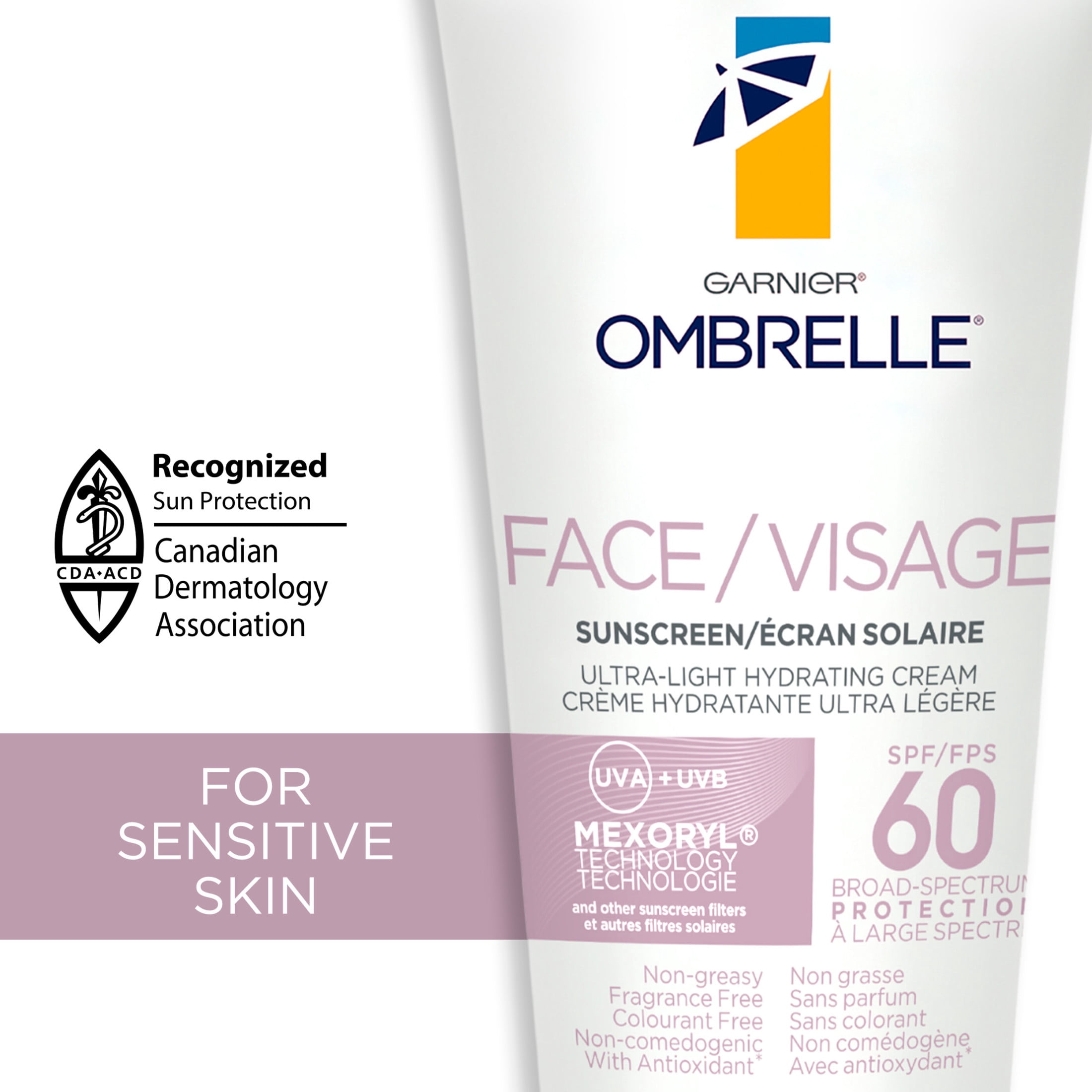 Garnier Ombrelle Sensitive Expert+ Écran solaire visage FPS 60, testé par des dermatologues, peaux sensibles, hypoallergénique, non gras, sans parfum, protection à large spectre UVA/UVB, 90ml