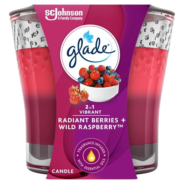 Glade® Scented Candle Air Freshener, Radiant Berries & Wild Raspberry, a dual-wick jar candle with berry red to deep pink wax gradient, featuring fresh berries and wild raspberry scent infused with essential oils, ideal for creating a relaxing home atmosphere.