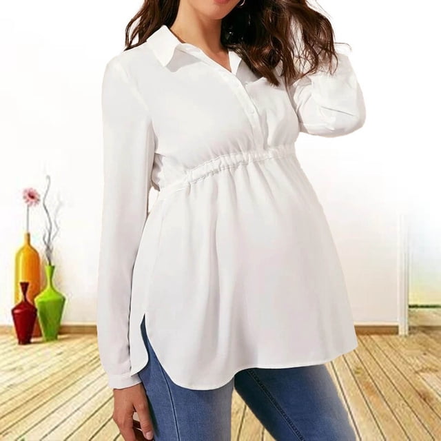 QIPOPIQ Blouse de Maternité pour Femme à Rayures à Manches Longues avec Col, Boutonnée devant, Ourlet à Volants, Chemise Hauts Liquidation