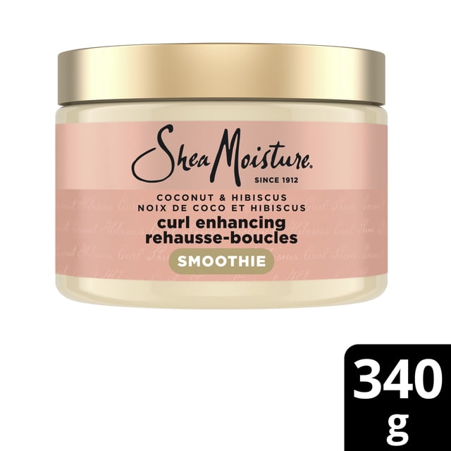 SheaMoisture Smoothie Rehaussant les Boucles 340 g en Pot beige avec Couvercle Doré et Étiquette Rose, un Traitement Capillaire à la Noix de Coco et à l'Hibiscus Qui Hydrate, Définit et Rehausse la Brillance des Boucles à l'Aide de Protéines de Soie et d'Huile de neem, Idéal pour le Soin des Cheveux pour Hommes.