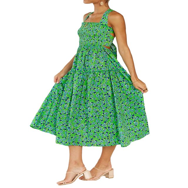 Robe Maxi Plissée d'Été pour Femme, Col Licou, Sans Manches, Robe Soleil, Dos Croisé, Fluide, Maxi Longue