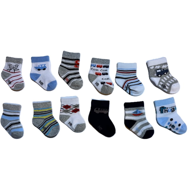 Litalin Infant Ankle Bootie Socks for Infants 0-6 Months, 12 Pairs. A set of baby boy socks with playful designs including stripes, vehicles, and patterns in light and dark blues, white, and red. Crafted from a soft cotton, polyester, and spandex blend for comfort and stretch. Ideal for everyday wear and easy to machine wash.