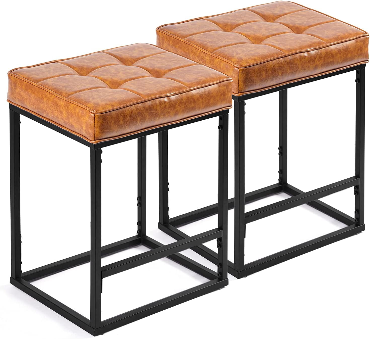 KATDANS Counter Height Bar Stools Set of 2, 24 Inch Bar Stools for Kitchen Island, Backless BarStools with Upholstered PU Leather Orange Padded Seat, Black Metal Base