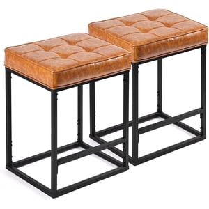 KATDANS Counter Height Bar Stools Set of 2, 24 Inch Bar Stools for Kitchen Island, Backless BarStools with Upholstered PU Leather Orange Padded Seat, Black Metal Base
