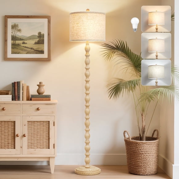 NATYSWAN Floor Lamps for Living Room,3-Way Dimmable Standing Lamps with Beige Linen Shade,62" Vintage Tall Pole Light for Reading, Bedroom,Bulb Included