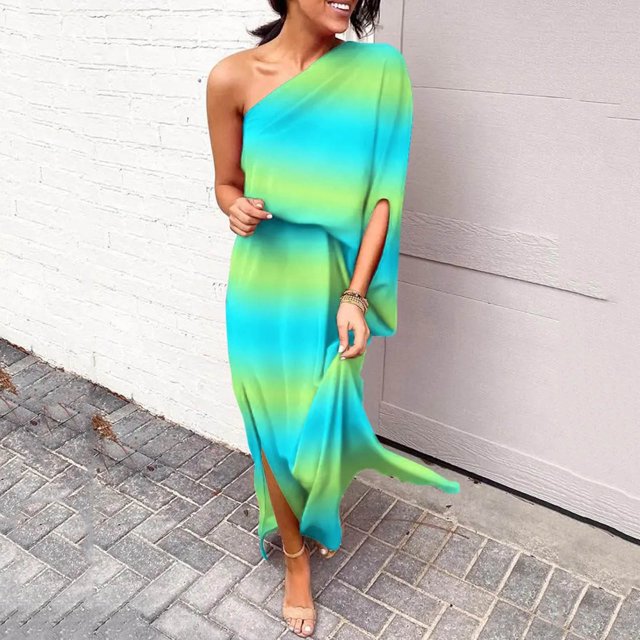 LOVZFMLL Robe d'Été pour Femme, Aguichant, à une Épaule, Imprimée, Ample, à Manches, Ourlet Fendu à Moitié, Vert, m