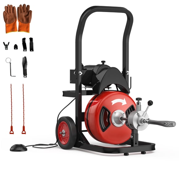 Electric Drain Cleaners – 75ft x 1/2" 450W Auto-Feed Snake Auger w/ Multiple Cutters – Heavy Duty for 2"-4" Pipes – Commercial & Home Use – Air Foot Switch Control
