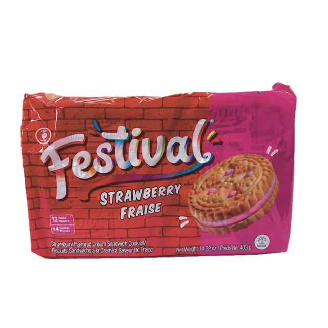 Festival strawberry and Vanilla Cream Sandwich Cookies package featuring 12 packs with 4 strawberry-flavored cream sandwich cookies each, displayed on a red brick wall and pink background, net weight 403g (14.22 oz), ideal for sharing luxury moments with friends.