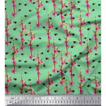 Soimoi Georgette Viscose Fabric Leaves,Floral & Honey Bee Insects Print Fabric by The Yard 42 Inch Wide