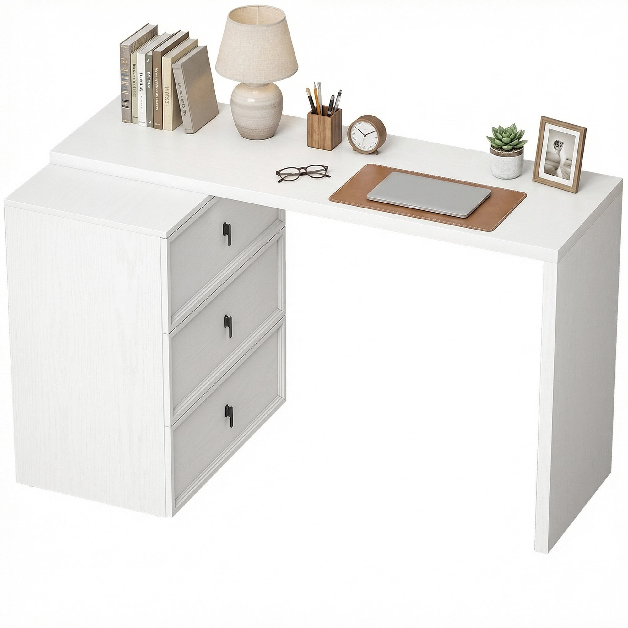HOMCOM L Shaped Computer Desk with 3 Drawers White Wood Grain