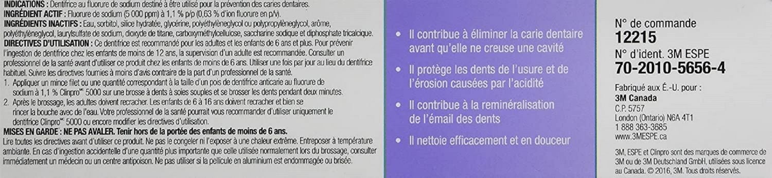 Clinpro 5000 1.1 % Fluorure de Sodium Menthe Vanille Dentifrice Anticaries / Aide à Enrayer la Carie Dentaire avant Qu'elle Ne Creuse une Cavité / Protège les Dents de l'Usure Acide et de l'Érosion / Aide à Reminéraliser à