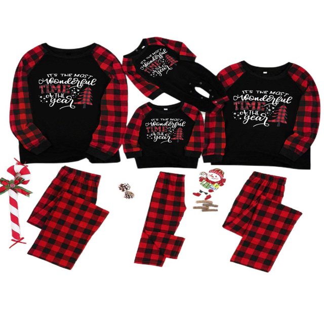 MesaSe Family Matching Christmas Pajamas Set Tree Print Tops Plaid Pants Sleepwear Homewear