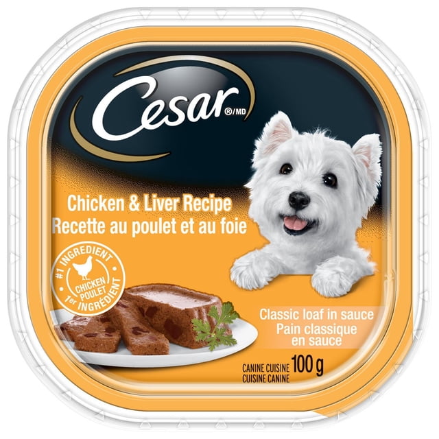 Cesar Classic Loaf in Sauce Chicken & Liver Recipe wet dog food in a 100g tray featuring a pâté-style loaf with chicken as the #1 ingredient, providing complete, balanced nutrition and moisture for adult small dogs.