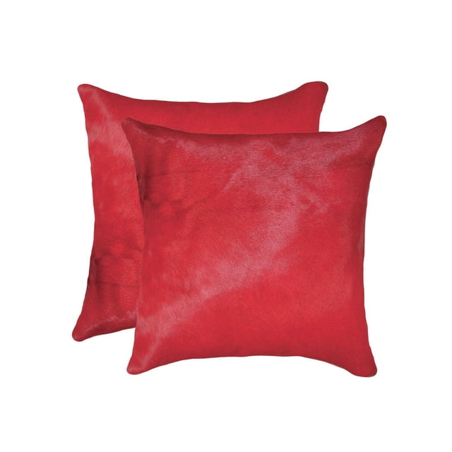 TORINO COWHIDE PILLOW 18"X18" 2-PACK showing two red square pillows crafted from 100% natural Indian cowhide with soft hair texture and hidden zipper closures, ideal for layering in home décor and adding warmth to living spaces.