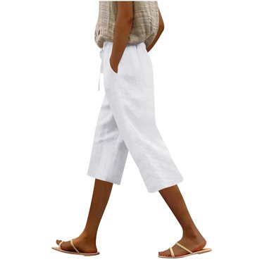 AKOEE Linen Capris for Women Summer Casual with Pockets Lightweight Cropped Straight Leg Drawstring Capri Pants (L, White)