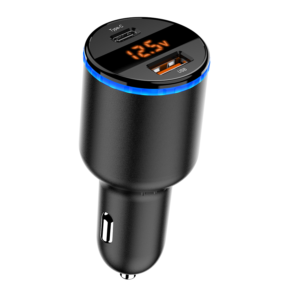65W Car Charger Adapter Aluminum Alloy PD & USB Dual Port Fast Charging Device Phone Charger 12-24V with Voltage Display