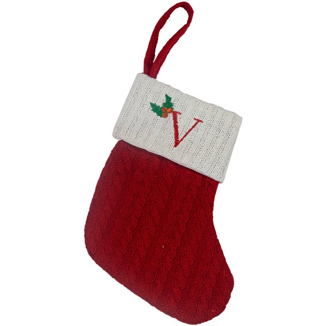 Fridja Christmas Mini Stockings Sock Decoration Tableware Holders, 8 Inches Initial Monogram Tableware Candy Pouch Bag Knit Cuff Socking for Xmas Party Tree Dinner Table Home Ornaments (Red, V)