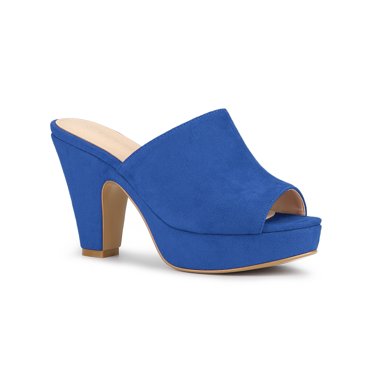 BLISSFUL STEP Women's Chunky Heels Platform Open Toe Slides Sandals Deep Blue 7