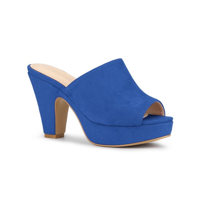 BLISSFUL STEP Women's Chunky Heels Platform Open Toe Slides Sandals Deep Blue 7