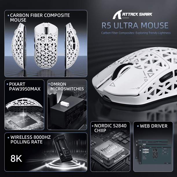 ATTACK SHARK R5 Ultra Carbon Fiber 8000Hz Wireless Gaming Mouse