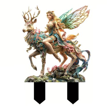 Herunwer Fantastical Forest Sprite and Stag Garden Stake, Mythical Outdoor Decor with Elven Figure and Enchanted Deer Sculpture